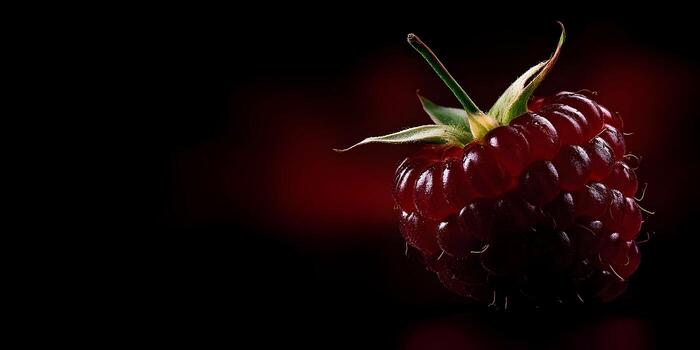 A single fresh raspberry with its green stem stands out against a dark red and black background highlighting its rich deep color photo