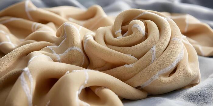 A close up shot reveals the soft cozy texture of a beige blanket with white geometric patterns creating a warm and inviting background photo