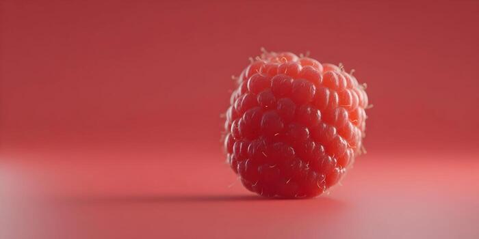 A vibrant red raspberry is featured in a minimalist close up on a red background photo