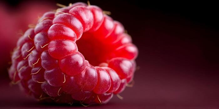A close up view of a fresh red raspberry displays its textured surface and hollow center photo