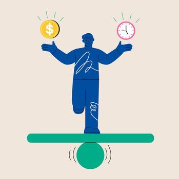 Smiling man find balance between dollar coin and clock. Time and money balance. Colorful illustration vector