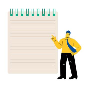 Business man standing in front of big empty notepad. Flat illustration isolated on white background vector