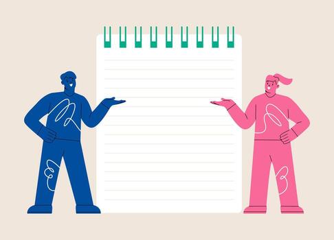 hombre y mujer en pie en frente de grande vacío bloc. vistoso ilustración vector