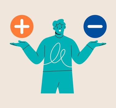 Man hold plus and minus symbols. Pros and cons advantage comparison. Colorful illustration vector