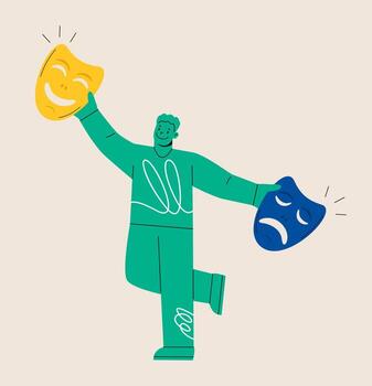 Man searching for positive emotion, comedy and tragedy with happy and sad emotion mask. Colorful illustration vector