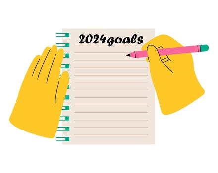 Hands writing a list of goals for 2024 in a notebook. New life, goals, plans concept. Colorful illustration vector