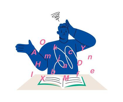 Man with dyslexia having difficulty reading a book. Colorful illustration vector