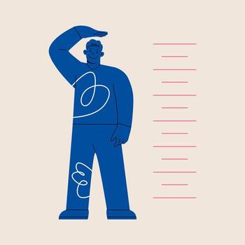 Man measures his height with ruler. Height meter. Colorful illustration vector