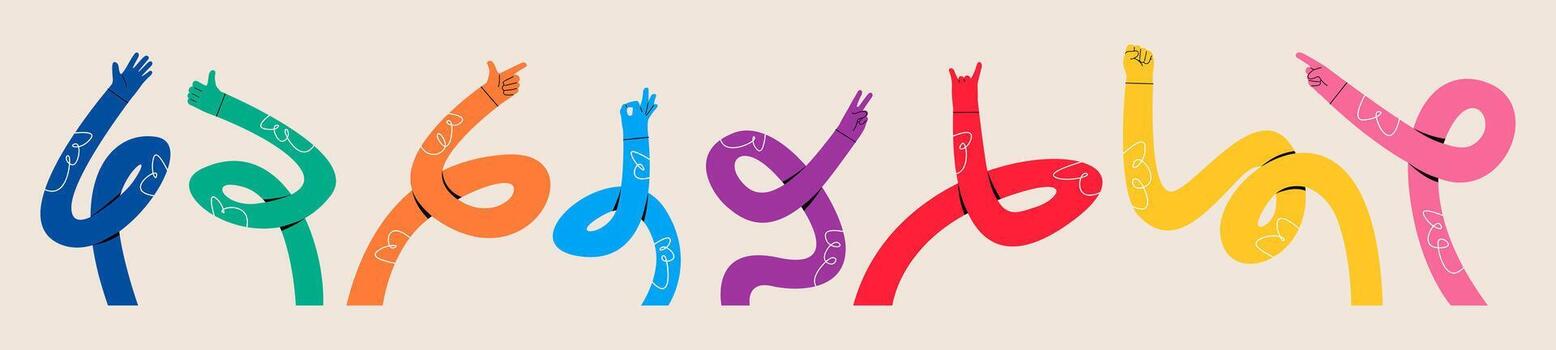 Set of hands in various conditions. Hands, bended, curved hands. Colorful illustration vector