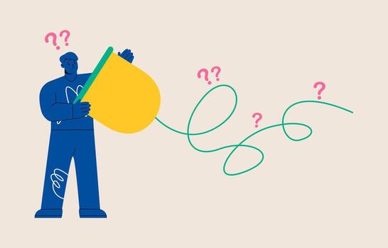 Man trying to communicate with old technology. Miscommunication, tin can communication concept. Colorful illustration vector