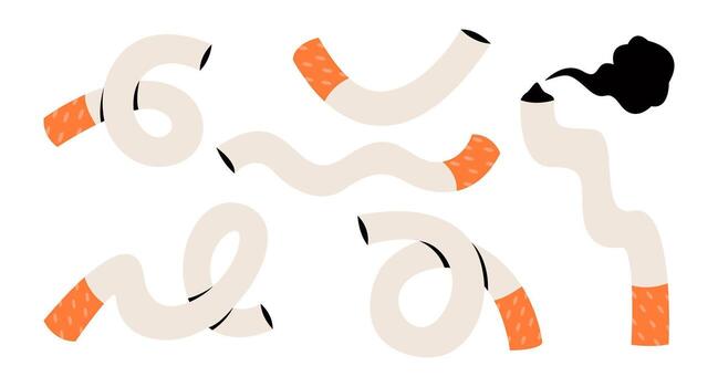 Set of cigarette in various conditions. Cigarette, bended, curved cigarette. Colorful illustration vector