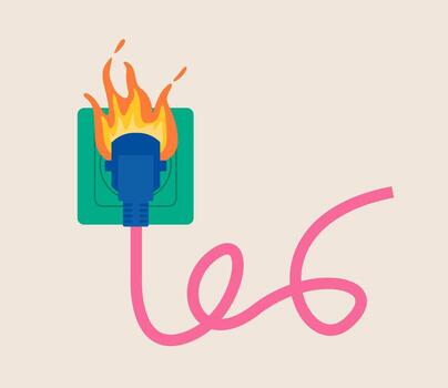 Socket and plug on fire from overload. Electrical safety concept. Colorful illustration vector