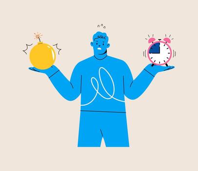 Man holding bomb and clock timer. Colorful illustration vector