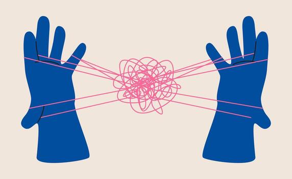 Mental health, hands holding puppet strings with a thread of brain. Colorful illustration vector