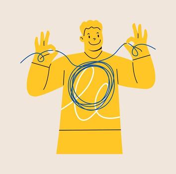 Problem solving concept. Man holding strings a thread from complex to simple. Colorful illustration vector