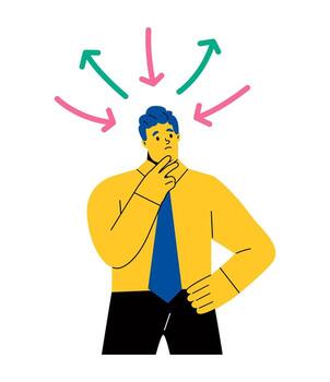 Sad business man confused with arrows, direction with alternative path decisions. Flat illustration isolated on white background vector