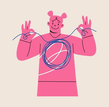 Problem solving concept. Woman holding strings a thread from complex to simple. Colorful illustration vector