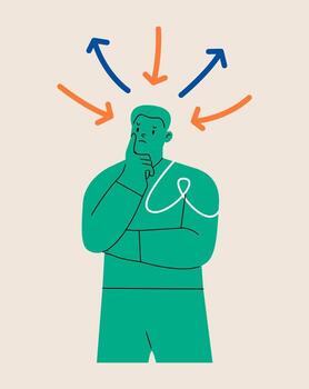 Sad man confused with arrows, direction with alternative path decisions. Colorful illustration vector