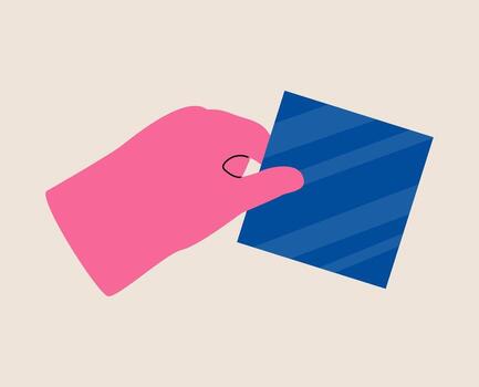 Hand holding geometry element, square. Geometric shape. Mathematics concept. Colorful illustration vector