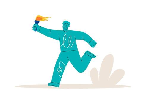 hombre corriendo maratón con antorcha. antorcha de éxito. vistoso ilustración vector