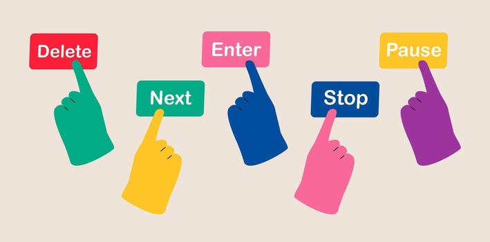 Set of hand press button Enter, Delete, Stop, Next, Pause. Colorful illustration vector
