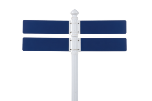 Blank blue street sign with four empty rectangular panels on white pole, isolated on transparent background, suitable for adding custom text or directions, concept of guidance and navigation png