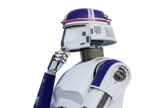 futurista robot con blanco y azul armadura, metálico articulaciones, y pensativo pose, aislado en transparente fondo, evoca curiosidad y avanzado tecnología en artificial inteligencia diseño png