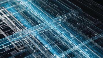 detaljerad abstrakt teknologi bakgrund visa upp en komplex nätverk av transparent blå rader och geometrisk former, skapande en trogen och modern estetisk för digital mönster video