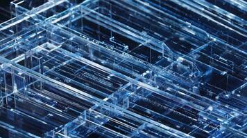 intrincado abstrato tecnologia fundo apresentando uma complexo rede do transparente azul linhas e geométrico formas, criando uma futurista e moderno estético para digital desenhos video