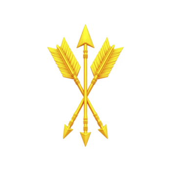 Three golden arrows crossed, isolated on transparent background, symbolize strength, unity, and direction, with detailed feather fletching and pointed tips, evoking sense of power and precision png