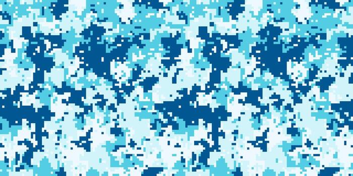 Abstract digital camouflage pattern in cool blue and white tones. Perfect for backgrounds, textiles, or modern design projects conveying themes of concealment, technology, or winter. vector