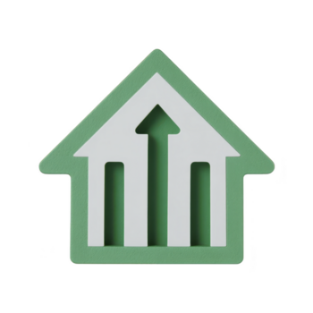 Green house icon with upward arrow, symbolizing growth, progress, and eco friendly development, isolated on transparency background, modern minimal style, positive and optimistic concept png