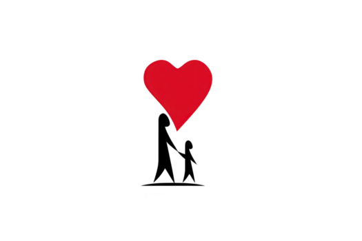 Mother and child silhouette holding hands under large red heart, symbolizing love, care, family bond, and affection, with simple and heartwarming emotional expression png