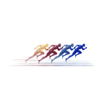 Four colorful runners sprinting in dynamic motion, abstract style, energetic and competitive atmosphere, isolated on transparency background, symbolizing speed and teamwork png