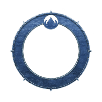 blu circolare telaio, metallico struttura, con appuntito Accenti e bianca astratto foglia simbolo a superiore, isolato su trasparente sfondo, moderno e minimo design png