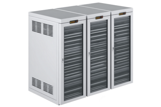 Tres moderno servidor bastidores con metálico puertas y ventilación paneles, en pie lado por lado en datos centrar ambiente, representando tecnología y red infraestructura png