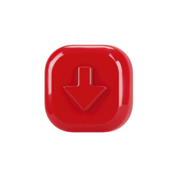 Red glossy square button with downward arrow symbol isolated transparency background modern 3D icon for user interface design digital application download concept technology web app cheerful style png