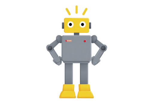 tecknad serie robot, gul och grå, stående med händer på höfter, glad uttryck, isolerat på genomskinlighet bakgrund, 3d illustration, lekfull och vänlig karaktär design png