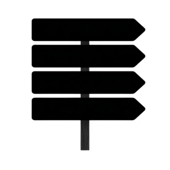 tom riktnings tecken, svart silhuett, isolerat på transparent bakgrund, fyra pilar pekande höger, enkel design, tömma Plats för text, begrepp av val och riktning png