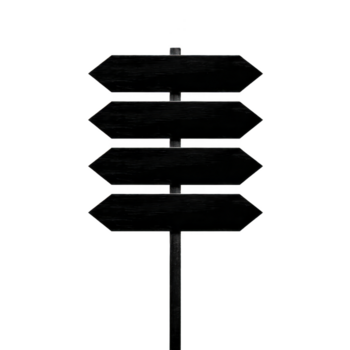 Blank black directional signpost with four empty arrow signs on pole, isolated on transparent background, suitable for adding custom text or directions, minimal and versatile design png