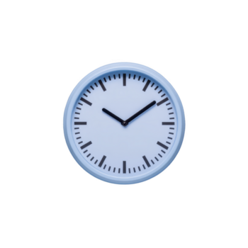 Blue wall clock with minimalist design, black hour and minute hands, and simple tick marks, isolated on transparency background, modern and clean style, time concept, calm and neutral mood png