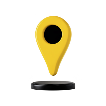 Yellow map pin marker with black circle center floating above black round platform, symbolizing location, navigation, and direction in modern, minimal style, evoking clarity and focus png
