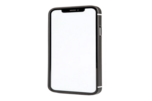 Smartphone with blank white screen modern black mobile device isolated on transparent background angled view technology concept minimal design digital communication copy space png
