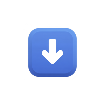 Blue square button with rounded corners featuring bold black downward arrow in center, symbolizing download or navigation, isolated on transparent background png