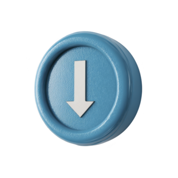 Blue round button with white downward arrow, symbolizing download or navigation, isolated on transparent background, modern minimal design, suitable for user interface or web icon png