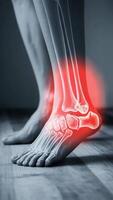 röntgen se av en fot med markerad smärta område, visa upp de skelett- strukturera och potential källa av obehag, betona de ben och lederna påverkade förbi inflammation video
