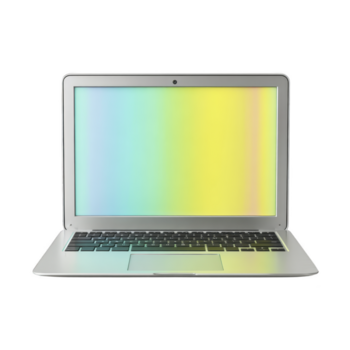 aberto prata computador portátil com arco Iris gradiente tela, moderno portátil computador, digital dispositivo para trabalhos ou estudar, isolado em transparência fundo, mínimo projeto, tecnologia conceito png