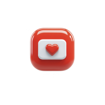 Red square icon with glossy finish, white rounded rectangle, and 3D red heart symbol in center, representing love, affection, or social media like, isolated on transparent background png