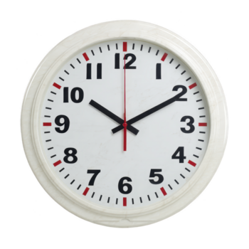 White wall clock round shape black number black hour and minute hand red second hand time shows 1010 isolated on transparency background simple design clean appearance png