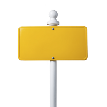 Yellow blank sign, isolated on transparency background, features rectangular shape with rounded corners and white post, ideal for copy space or custom message, simple and clean design png
